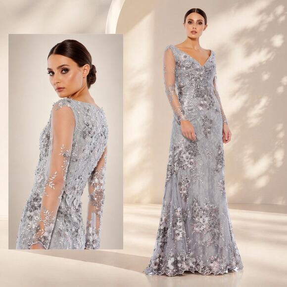 Mac Duggal Dresses & Skirts - Mac Duggal Evening Gown Dress Size 8 Floral Embroidered Lace 67539 Platinum Gray